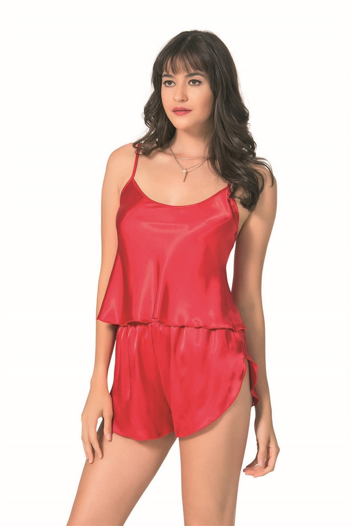 Primoda Kırmızı Saten Babydoll Şort Takımı