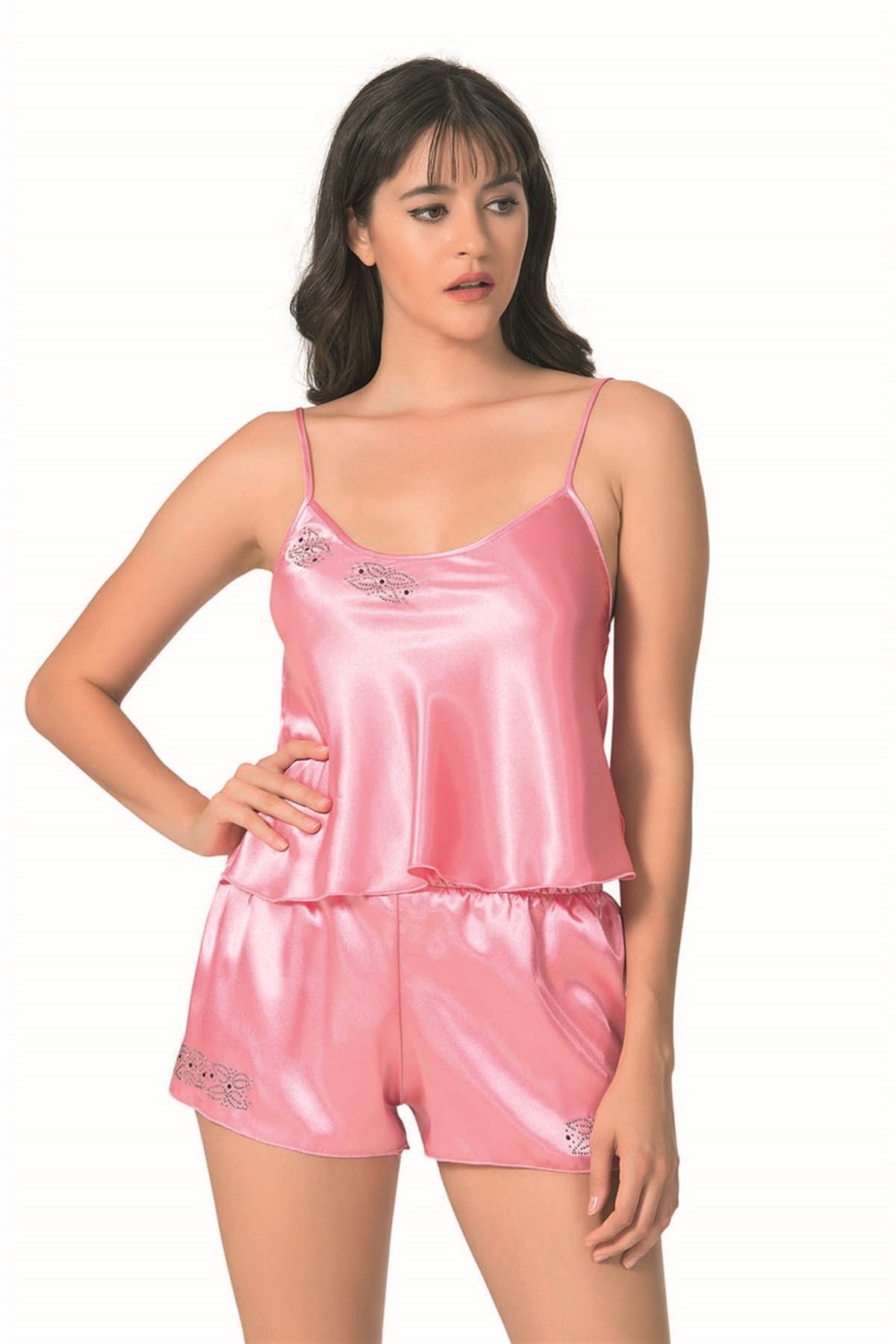 Primoda Koyu Pembe Saten Babydoll Şort Takımı
