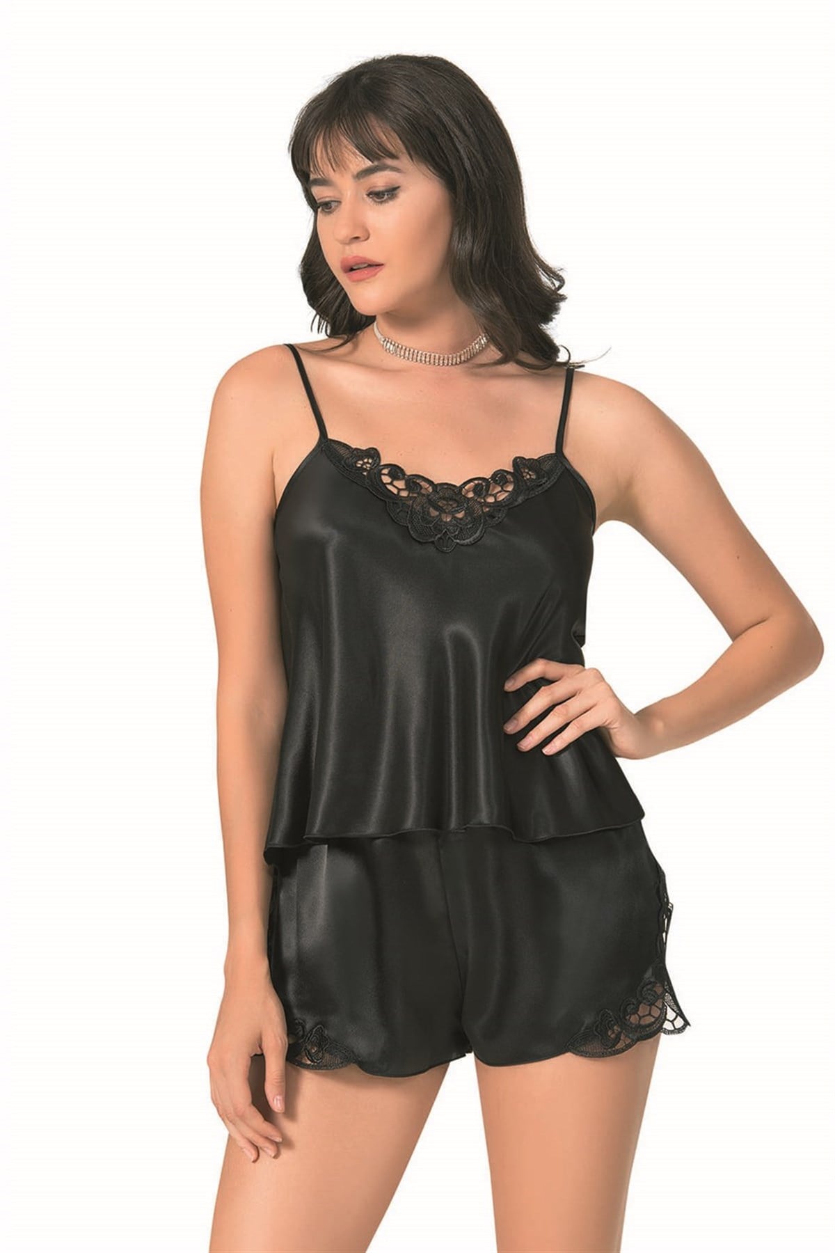 Primoda Siyah Saten Babydoll Şort Takımı