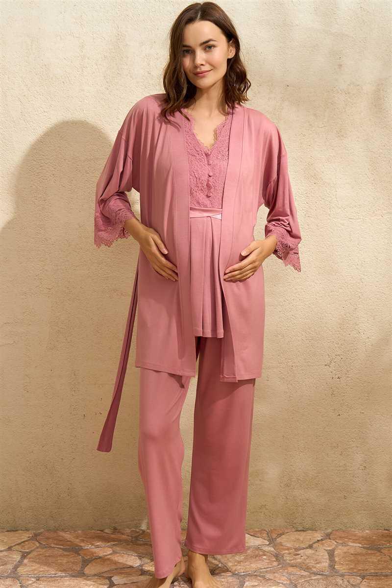Sıfır Kol V Yaka Kadın Viskon Düz Yazlık Uzun Dantel Detaylı Hamile Pijama Takımı Sabahlık Anıl 5771