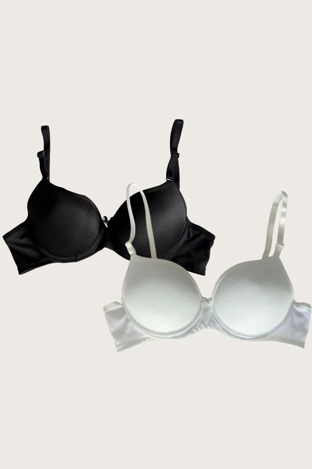 Aria's Closet Black-White 2 Micro Fabric Push Up Filled Bale Daily Supported Bra