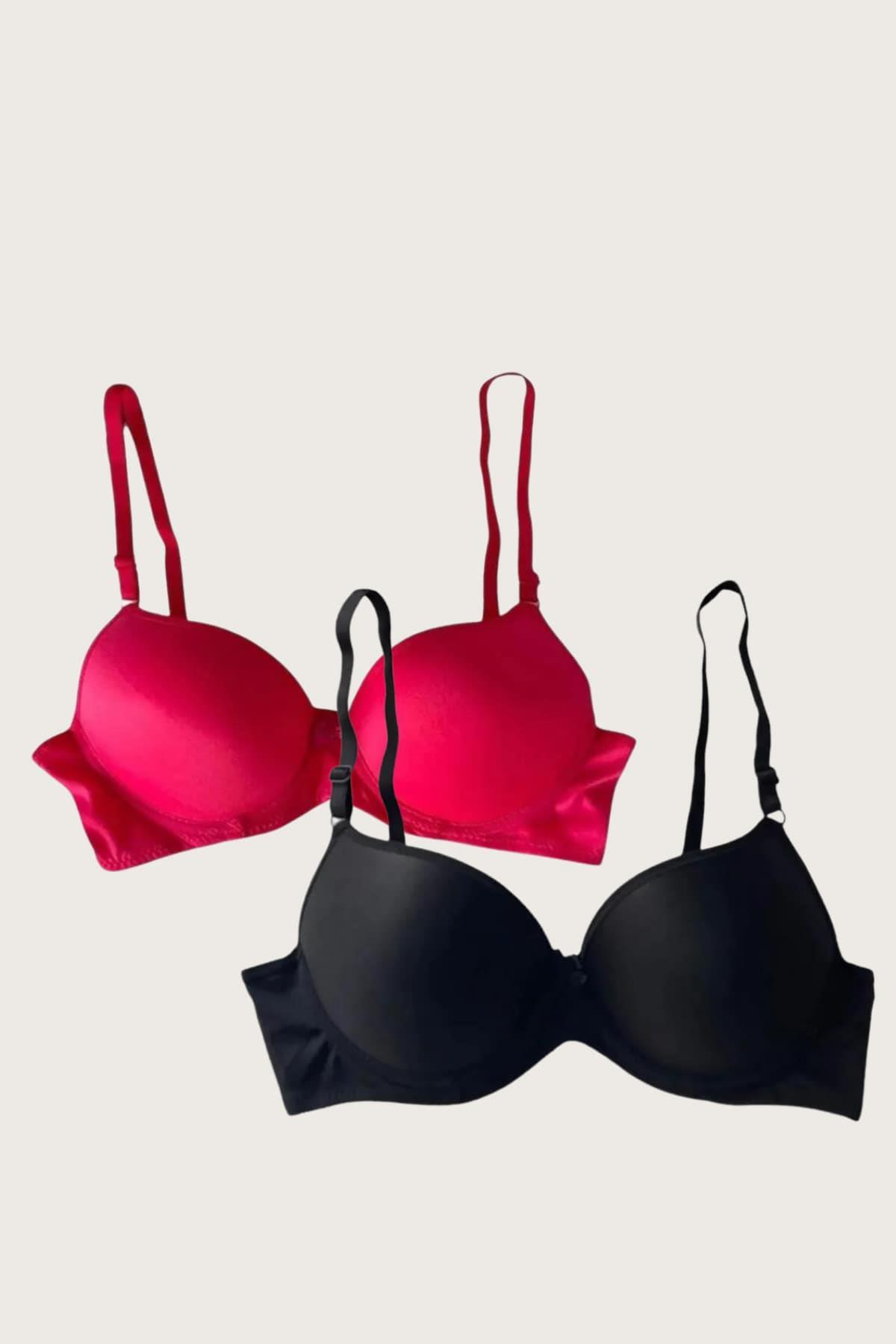 Aria's Closet Black-Red 2 Micro Fabric Push Up Filled Bale Daily Supported Bra