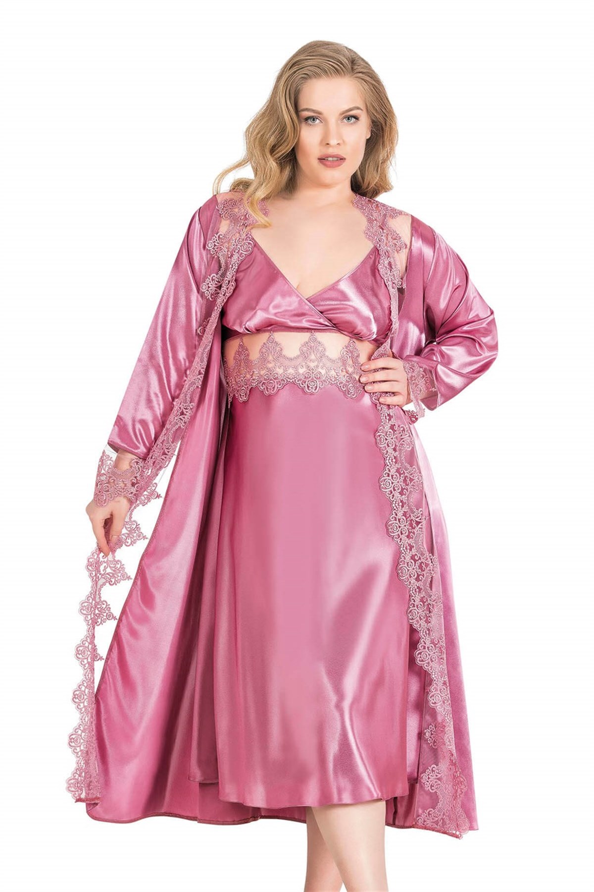 Aria's Closet Large Size Rose Dry Long Double Satin Lingerie Set