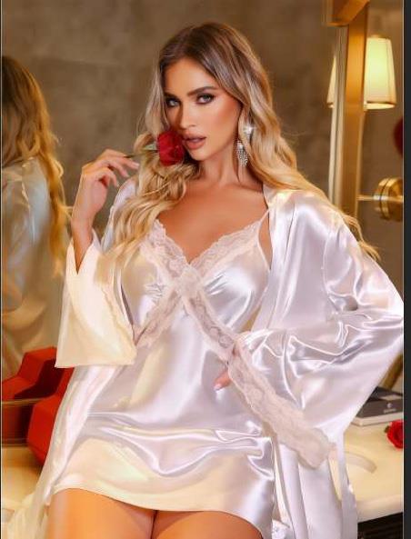Aria's Closet White Lace Embroidered Slim Strap Satin 2 Nightdress Kit