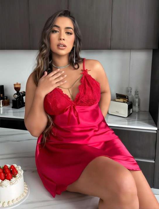 Aria's Closet Large Size Red Lace Embroidered Satin Night