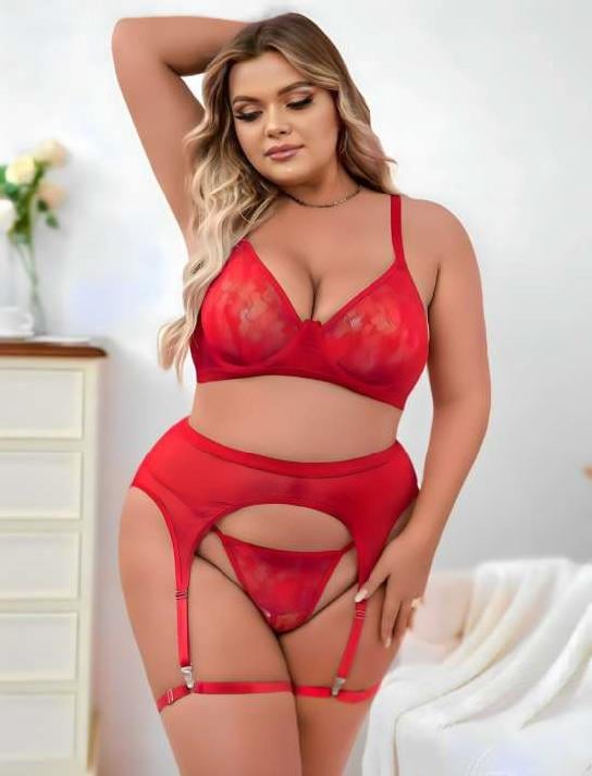 Aria's Closet Large Size Red Lace Embroidered Fantasy Jarter Set