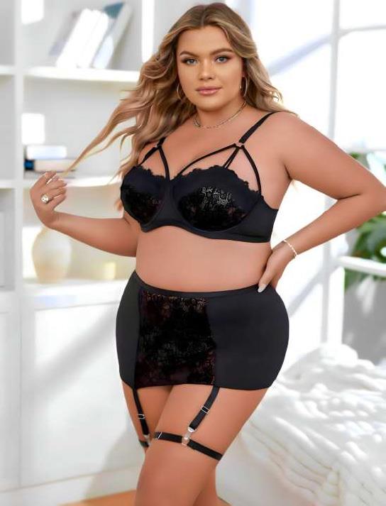 Aria's Closet Large Size Black Lace Embroidered Dekolteli Jartary Set