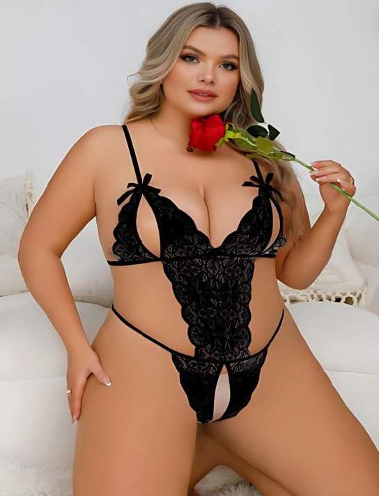 Aria's Closet Large Size Black Lace Embroidered Hooded Fancy Babydoll