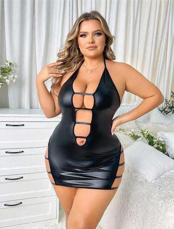 Aria's Closet Large Size Black Leather Fire Detailed Fancy Dress