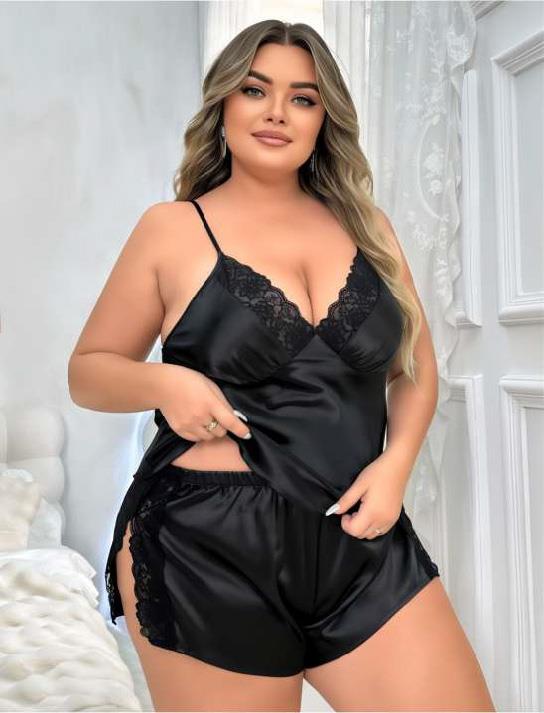 Aria's Closet Large Size Black Ore Lace Embroidered Satin Shorts Suit