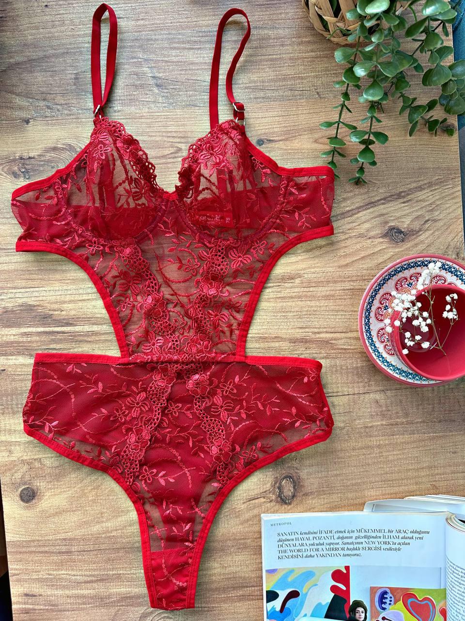 Aria's Closet Flower Patterned Red Bodysuit