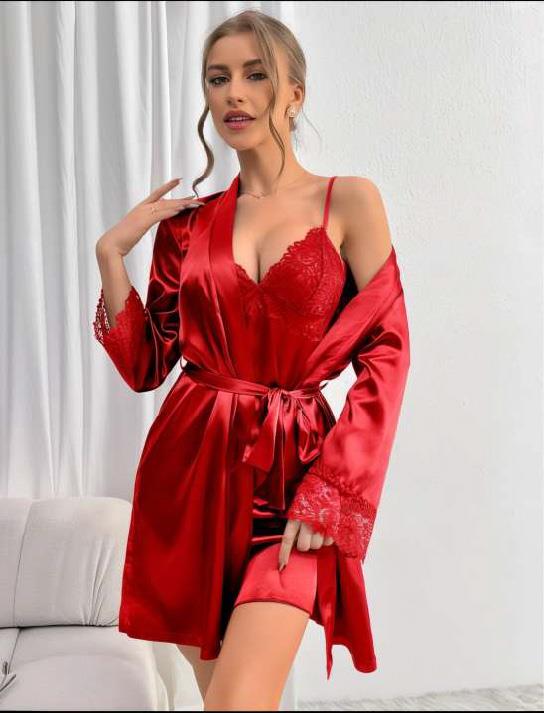 Aria's Closet Lace Embroidered Slim Straped Red Satin 2 Nightstand Kit