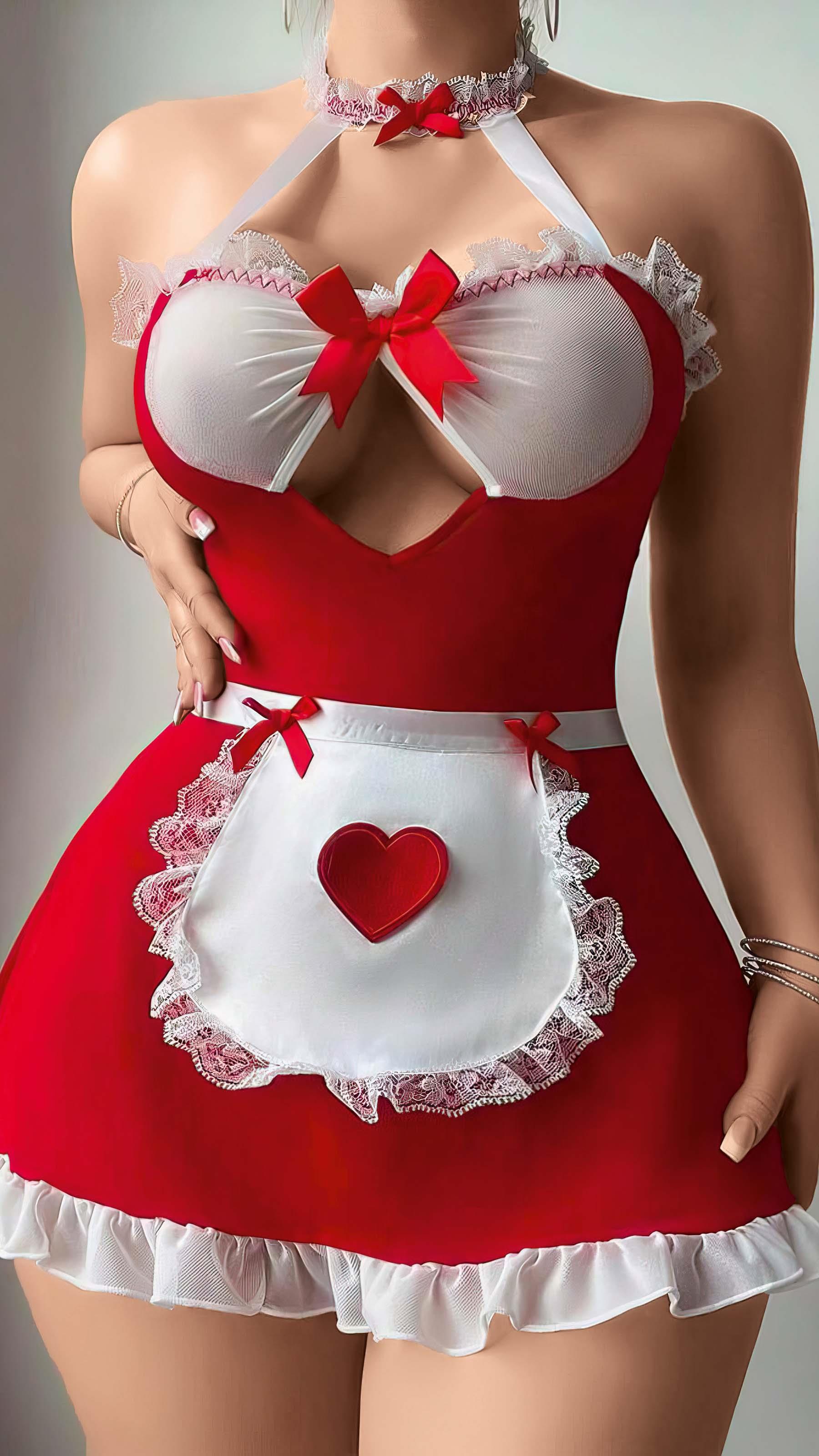 Aria's Closet Red White Lace Embroidered Heart Detailed Fancy French Maid Costume