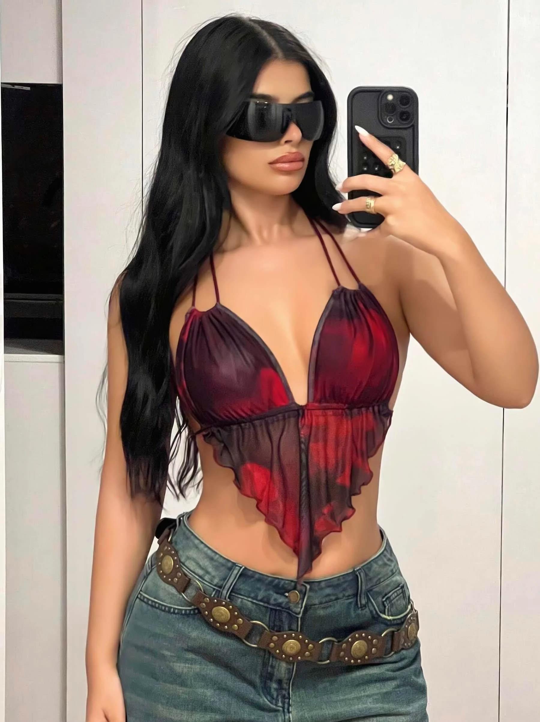 Arias Closet Kırmızı Siyah Desenli İnce Askılı Üçgen Kesim Crop