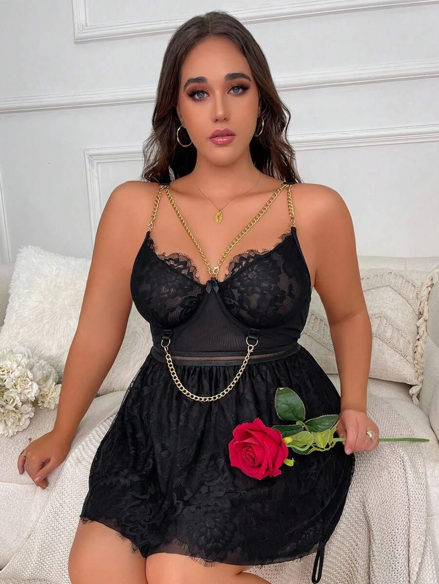 Aria's Closet Special Design Large Size Fancy Chain Detailed Lace Night
