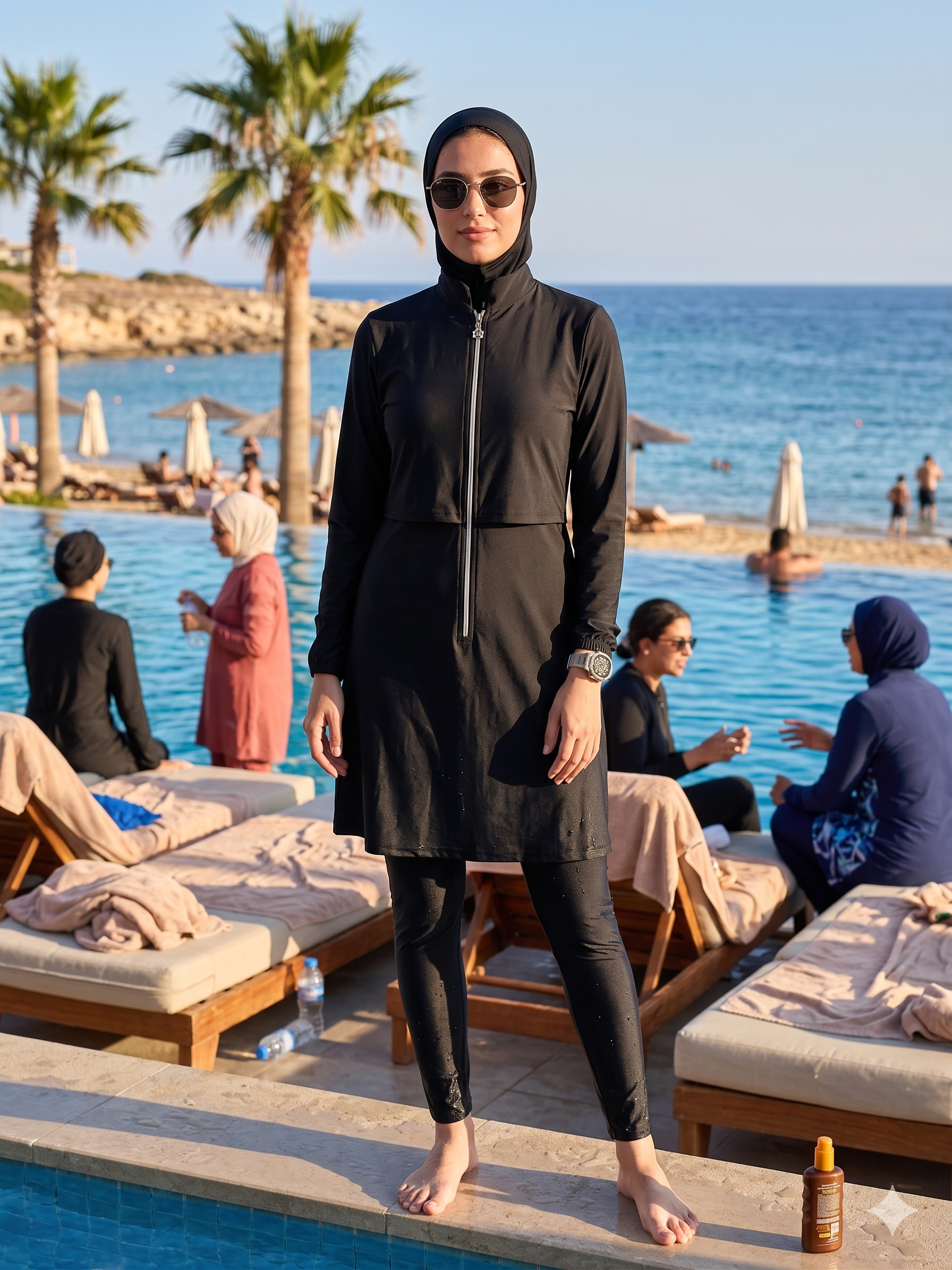 Arias Closet Paraşüt Basic Siyah Tam Kapalı Fermuarlı Tesettür Mayo Takımı