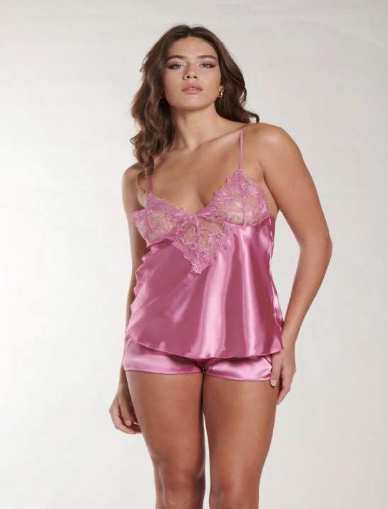 Aria's Closet Pink Lace Detailed Slim Straped Satin Shorts Suit