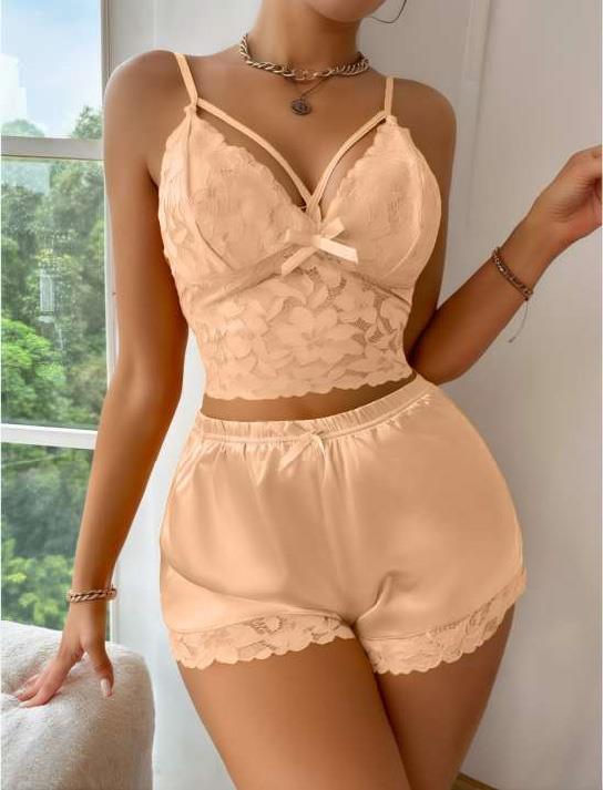 Aria's Closet Yellow Lace Büstier Slim Straped Satin Shorts Suit
