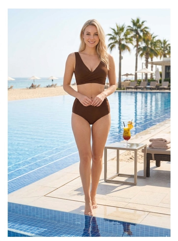 Arias Closet Şık Tasarım Burgulu Hızlı Kuruyan Kahverengi Yüksek Bel Bikini Takımı