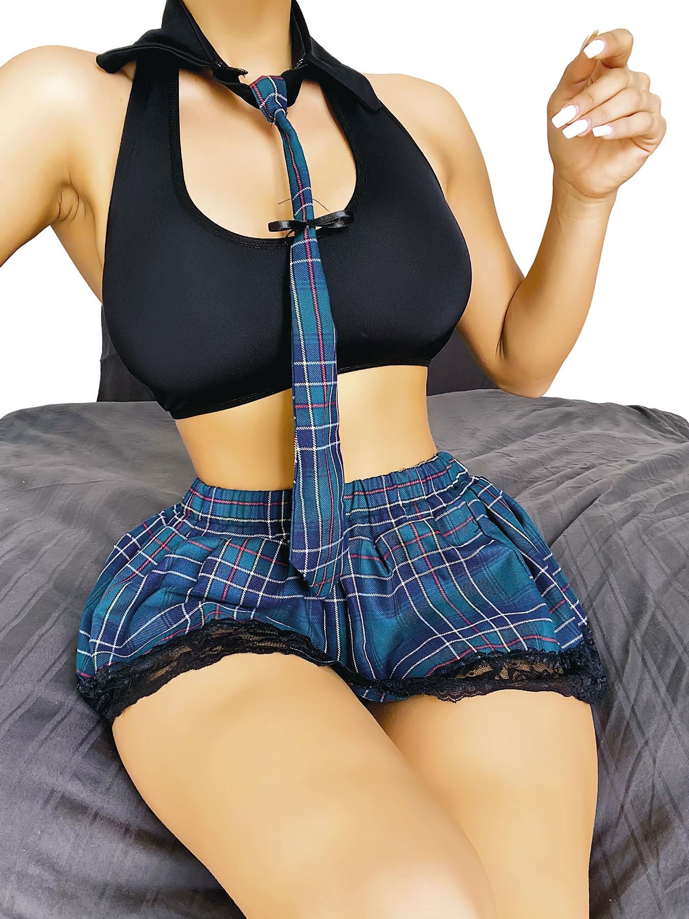 Arias Closet Şık Tasarım Dantel İşlemeli Ekose Etekli Kravatlı Fantezi Liseli Öğrenci Kostümü