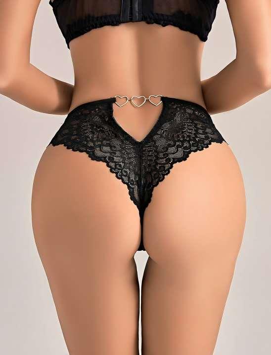 Aria's Closet Black Lace Embroidered Rear Heart Detailed Fancy String Tanga