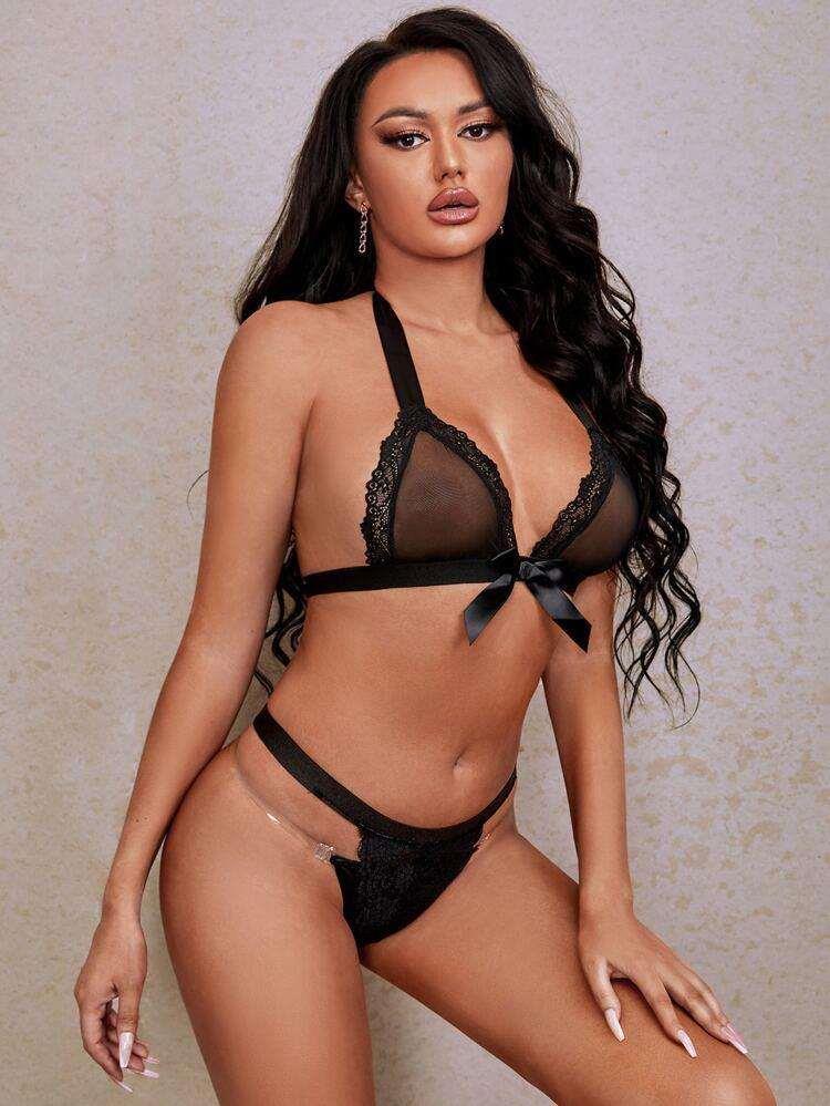 Aria's Closet Black Transparan Ribbon Fancy Bra Set