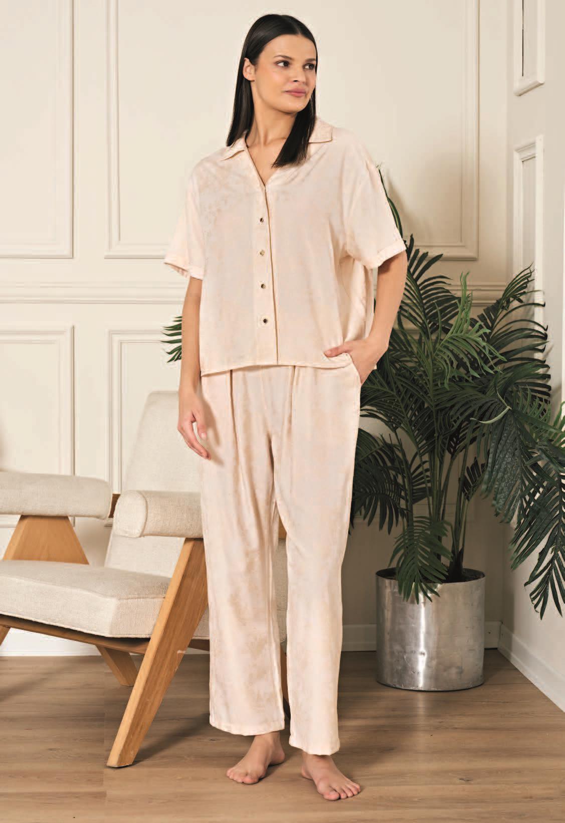 Aria's Closet Viscose Jacquard Front Button Beige Pijama Set