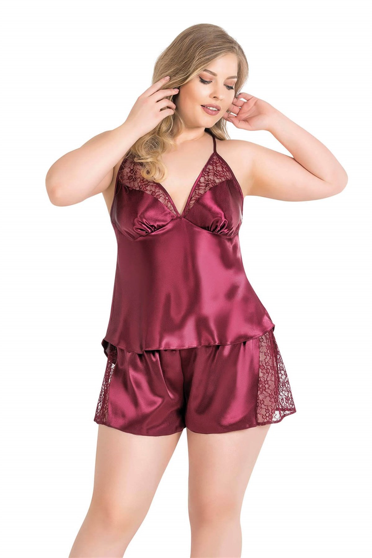 Aria's Closet Large Size Bordo Satin Babydoll Shorts Suit