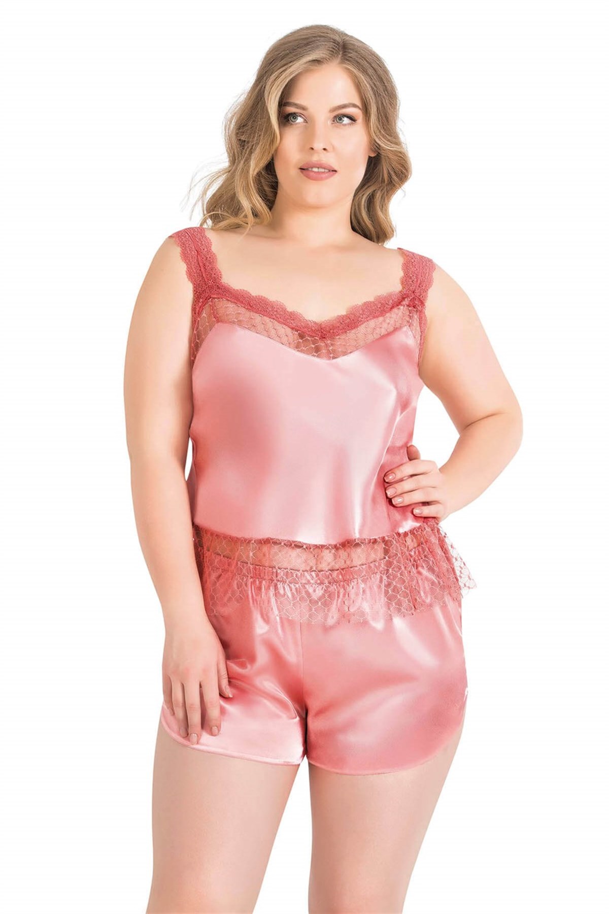 Aria's Closet Large Size Coral Satin Babydoll Shorts Set