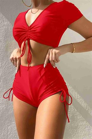 Angelsin Özel tasarım Yarım Kol Büzgü Detaylı Bikini Takım Kırmızı