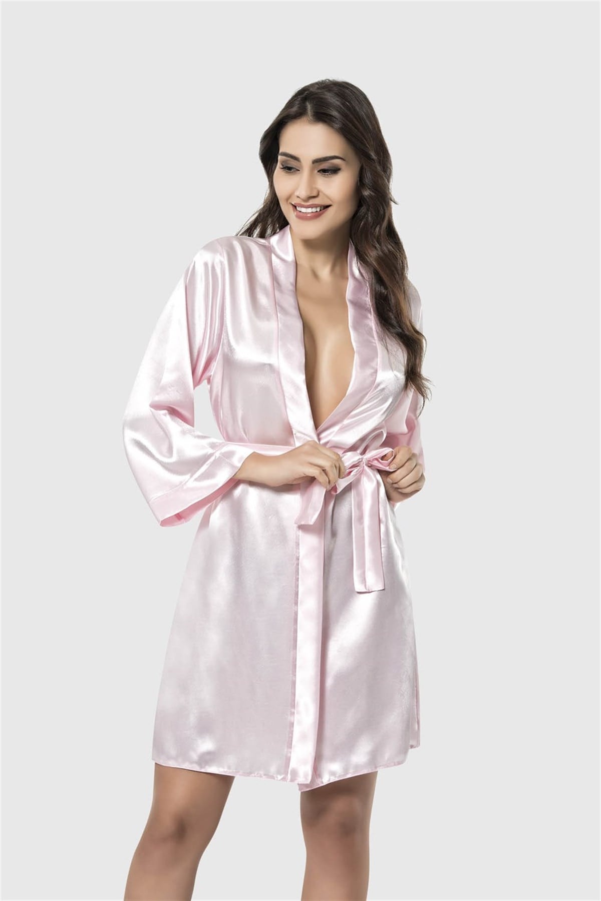 Ahu Pembe Kısa Saten Sabahlık