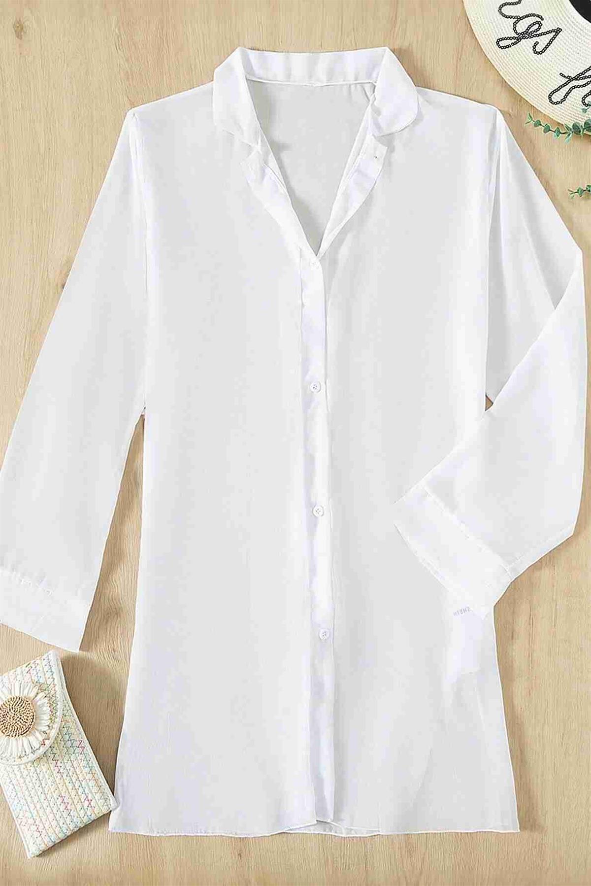 Aria's Closet Şifon Gömlek Plaj Elbisesi Pareo Kimono Kaftan Beyaz
