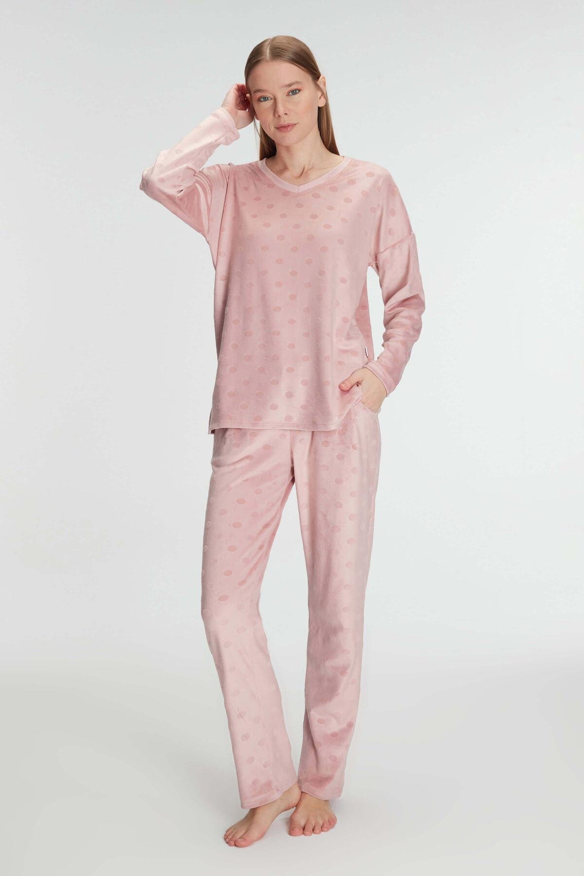 Anıl 11281 Kadın Uzun Kol V Yaka Sweatshirt ve Pantolon Takım Pijama Takımı