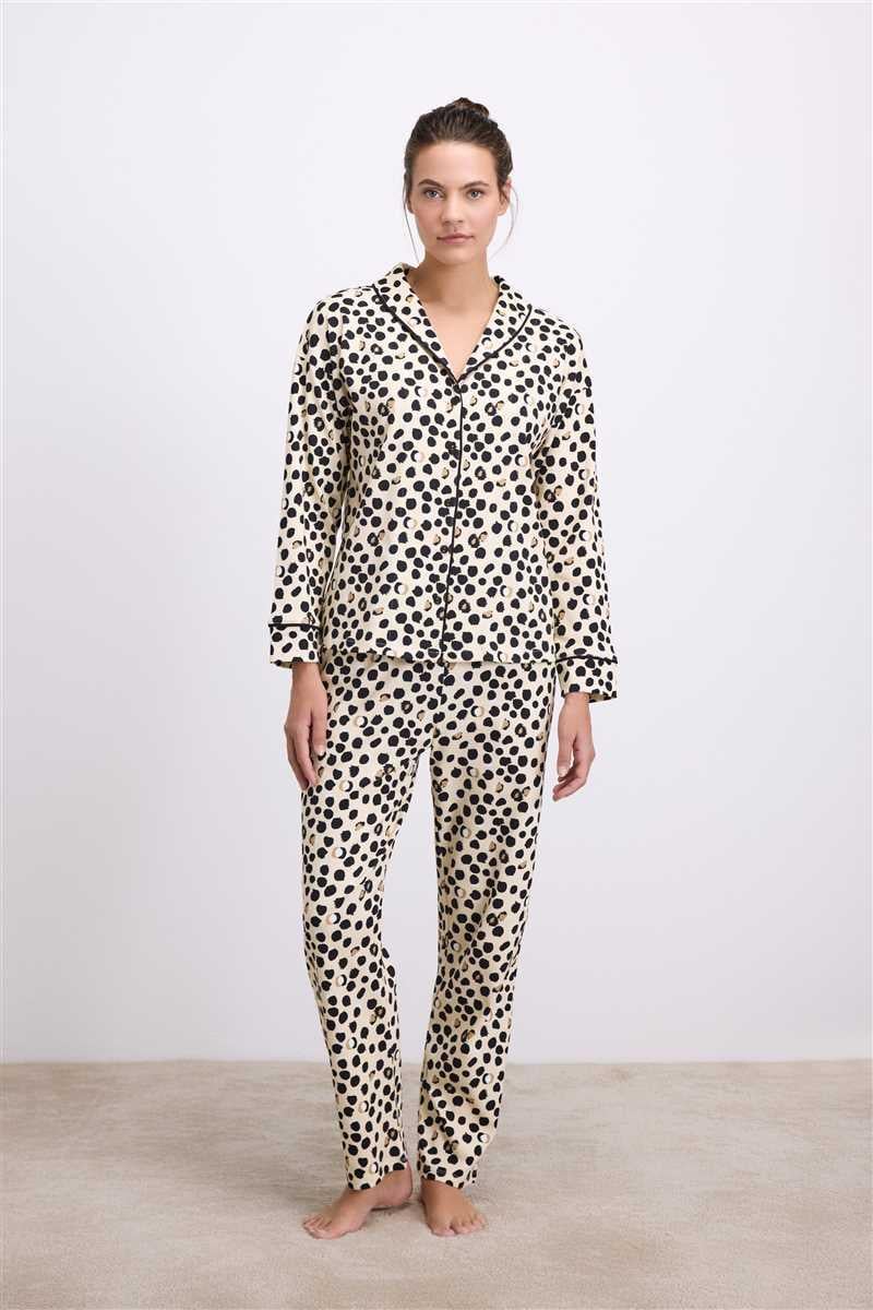Anıl Kadın Uzun Kollu Gömlek Yaka Leopar Desenli  %100 Pamuk Pijama Takımı 11550