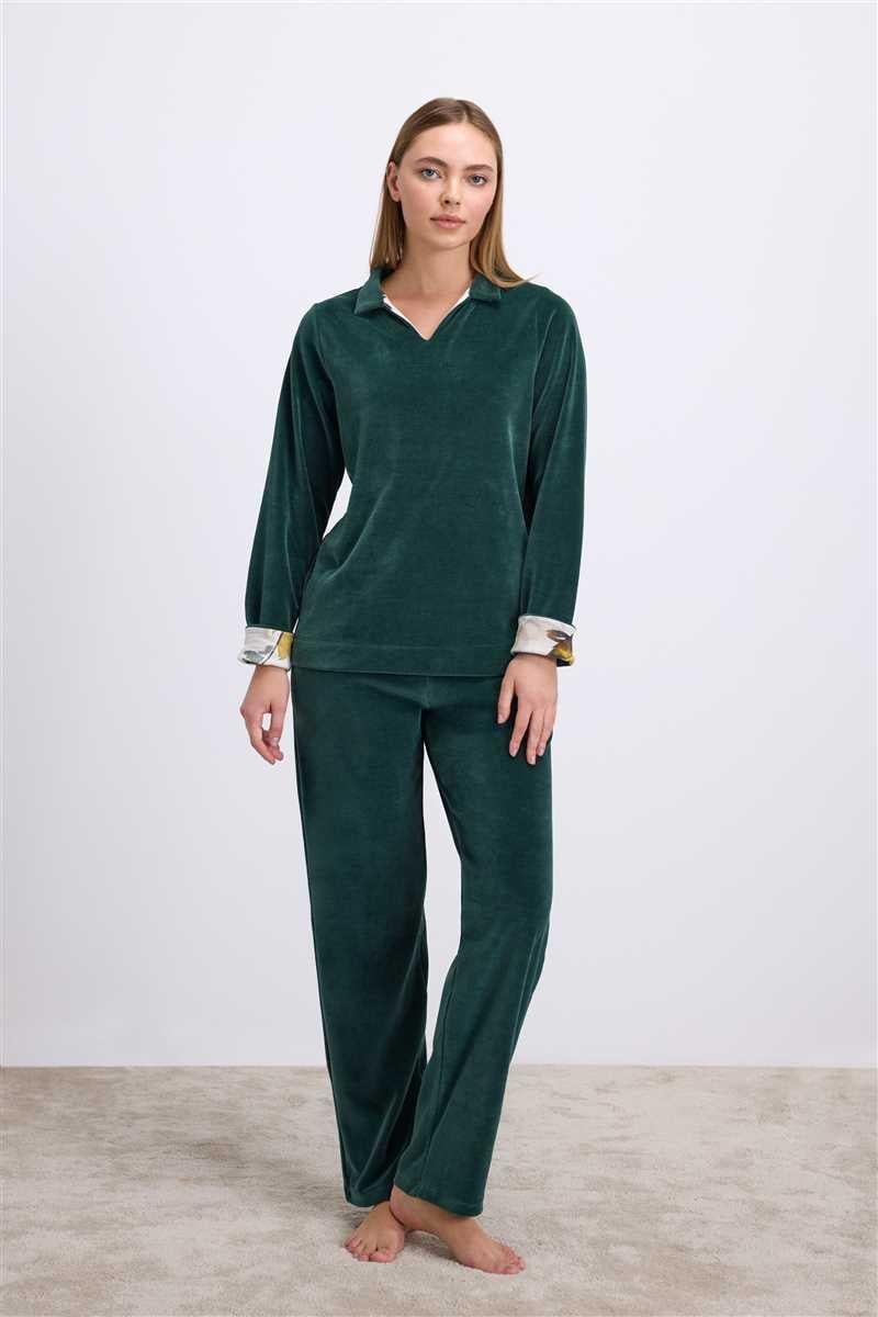 Anıl Kadın Uzun Kollu Kadife Sweatshirt ve Pantolon Takım Yumuşak ve Şık Ev Giyimi 11555