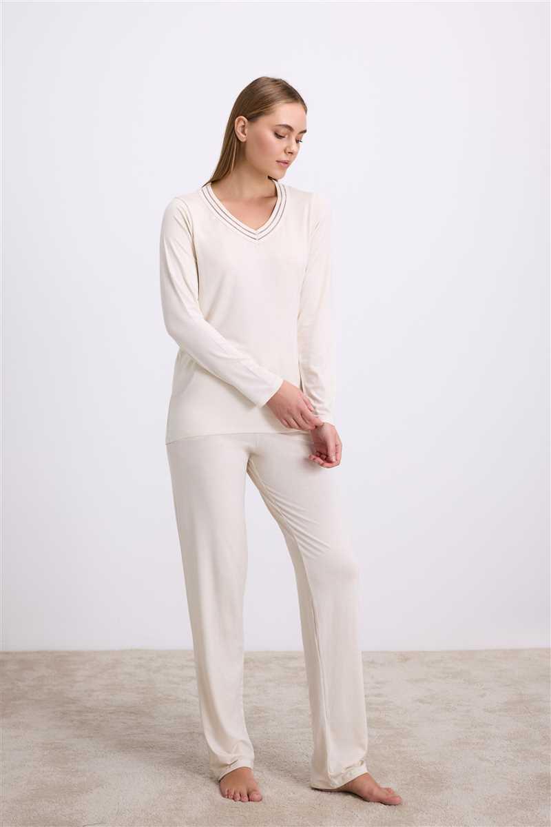 Anıl Kadın Uzun Kollu Pijama Takımı Şık V Yaka ve Minimal Tasarım (11616)