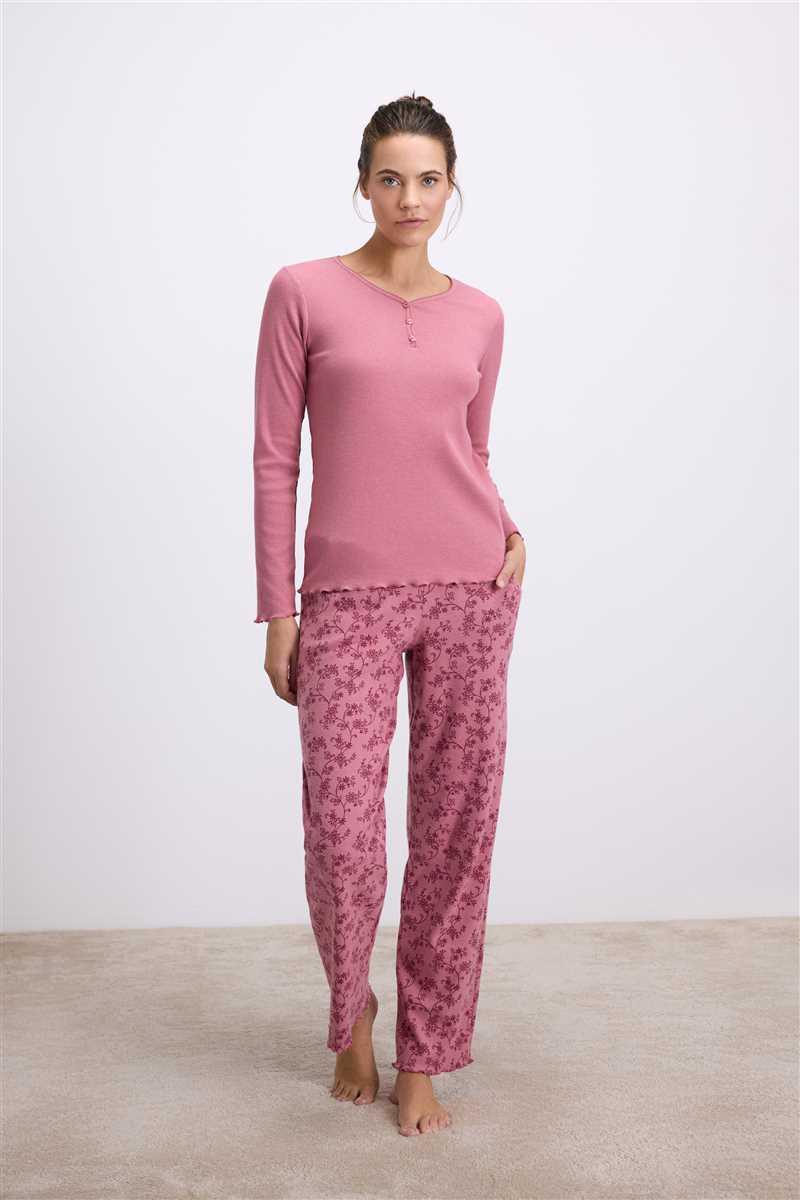Anıl Kadın Uzun Kollu T-Shirt ve Desenli Pantolon Pijama Takımı (11630)