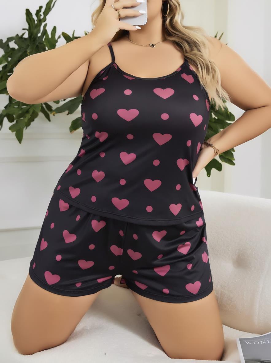 Aria's Closet Büyük Beden Siyah Kalp Desen İnce Askılı Pamuklu Şortlu Pijama Takımı