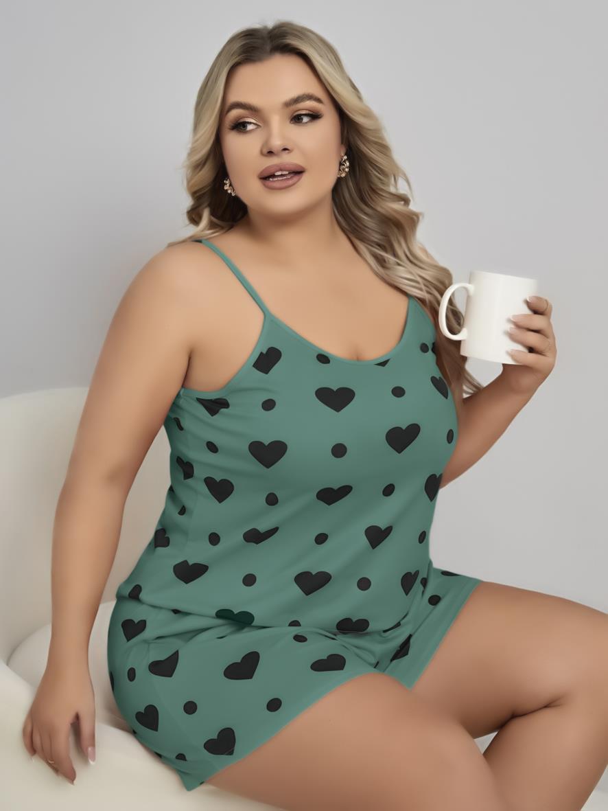 Aria's Closet Büyük Beden Yeşil Kalp Desen Pamuklu Şortlu Pijama Takımı