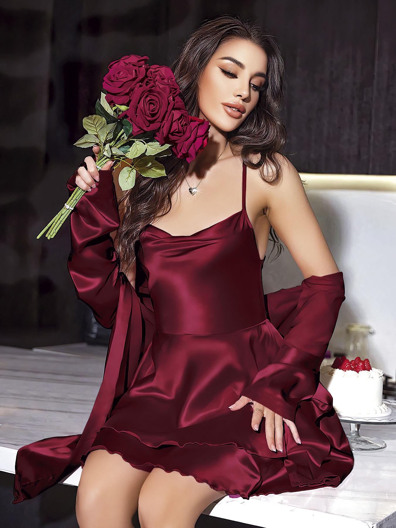 Arias Closet Özel Tasarım Sabahlıklı Saten Bordo 2'li Gecelik Takımı