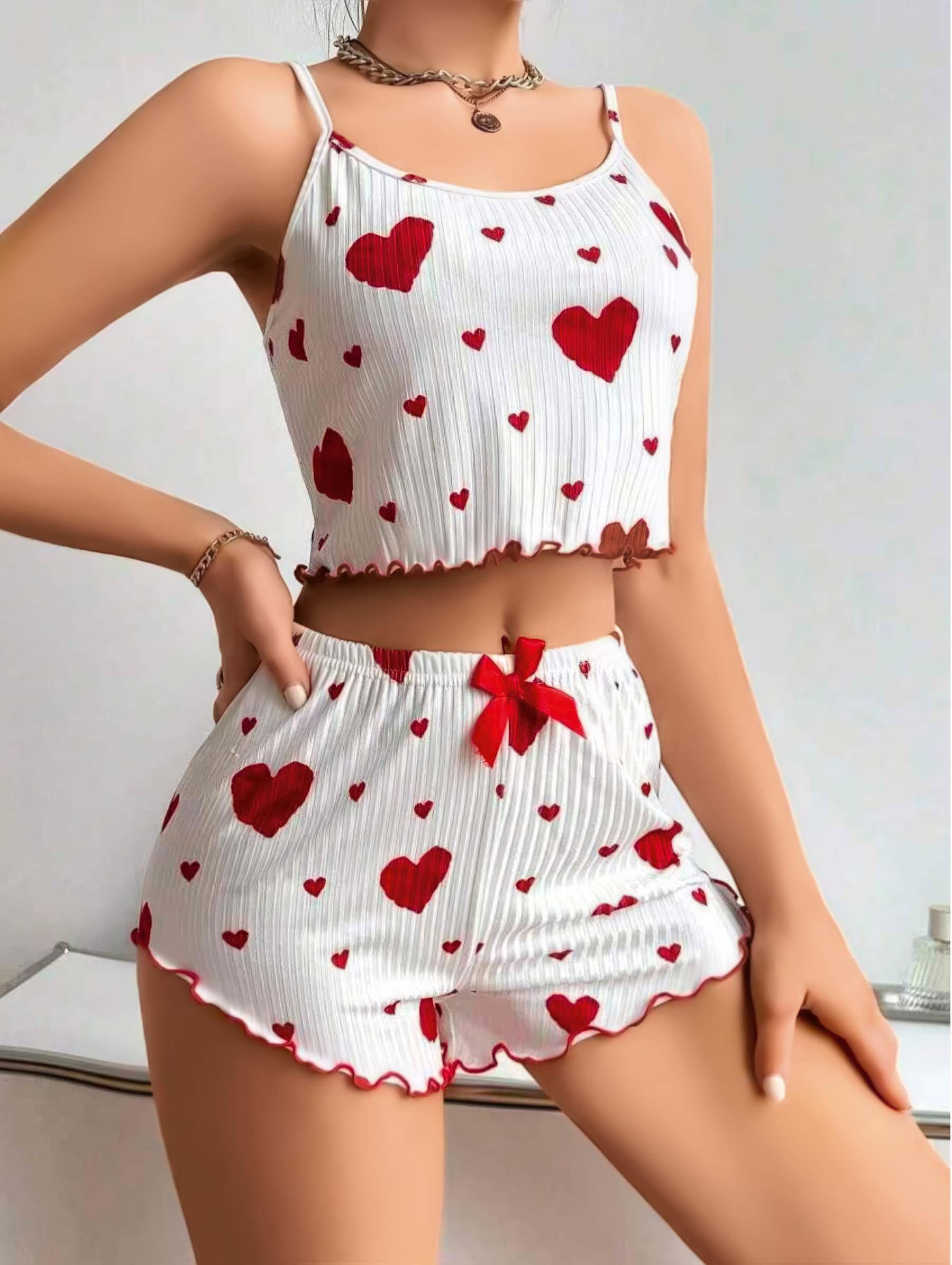 Aria's Closet Pamuklu Beyaz Üstüne Kırmızı Kalp Desenli Askılı Şortlu Pijama Takımı