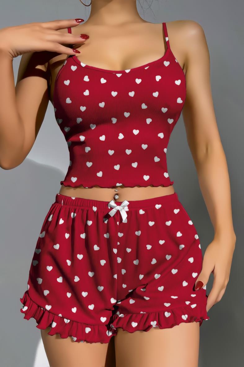 Aria's Closet Pamuklu Kırmızı Üstüne Beyaz Kalp Desen Fitilli Askılı Şortlu Pijama Takımı