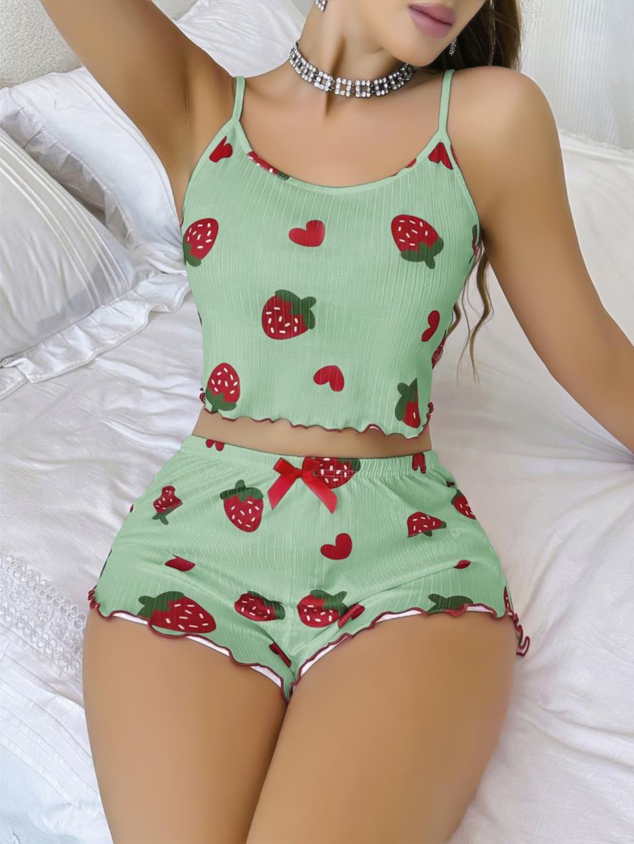 Aria's Closet Pamuklu Yeşil Üstüne Çilek Desen Fitilli Askılı Şortlu Pijama Takımı