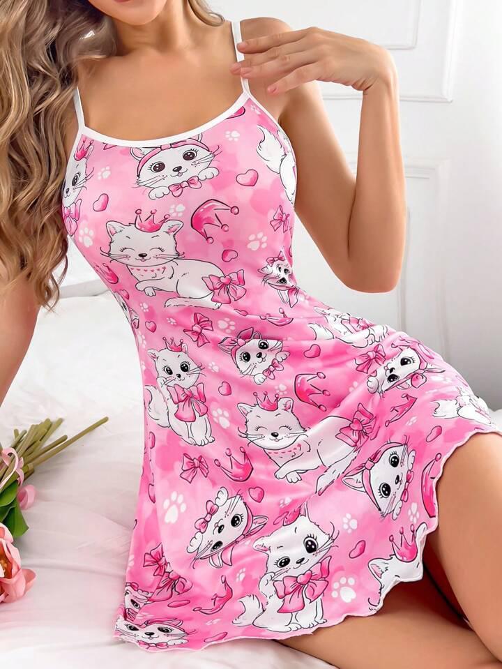 Aria's Closet Pembe Kedi Desenli Fantezi Gecelik
