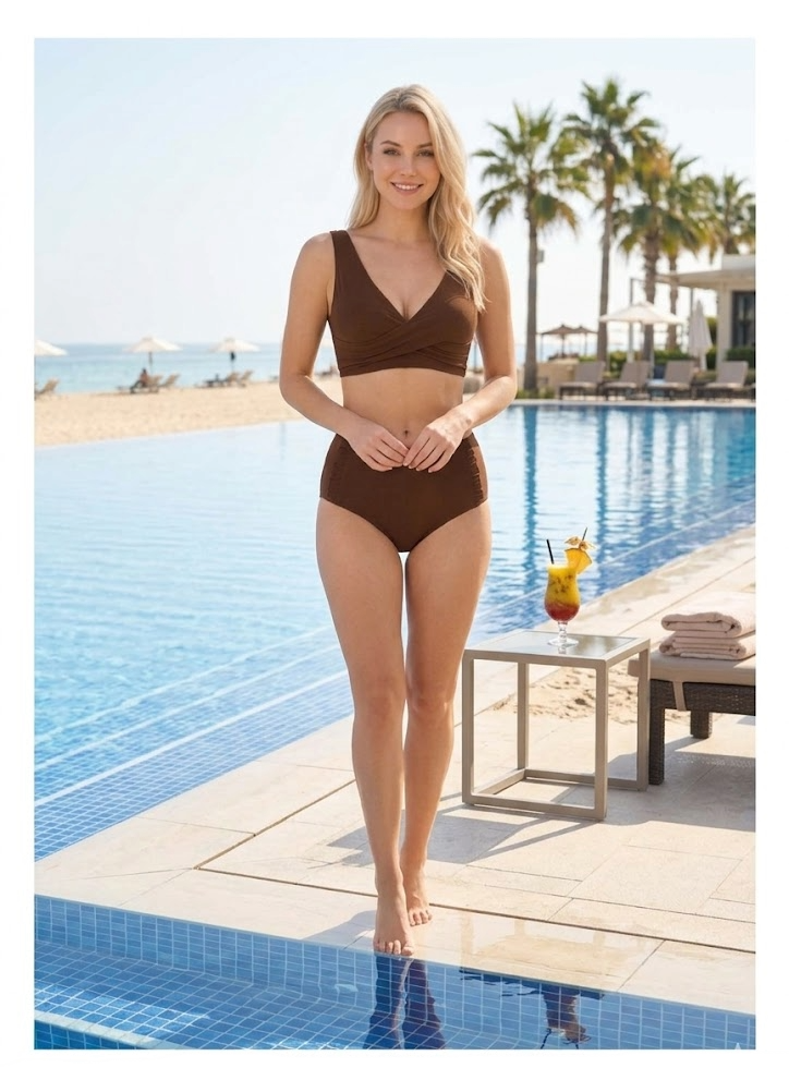Arias Closet Şık Tasarım Burgulu Hızlı Kuruyan Kahverengi Yüksek Bel Bikini Takımı