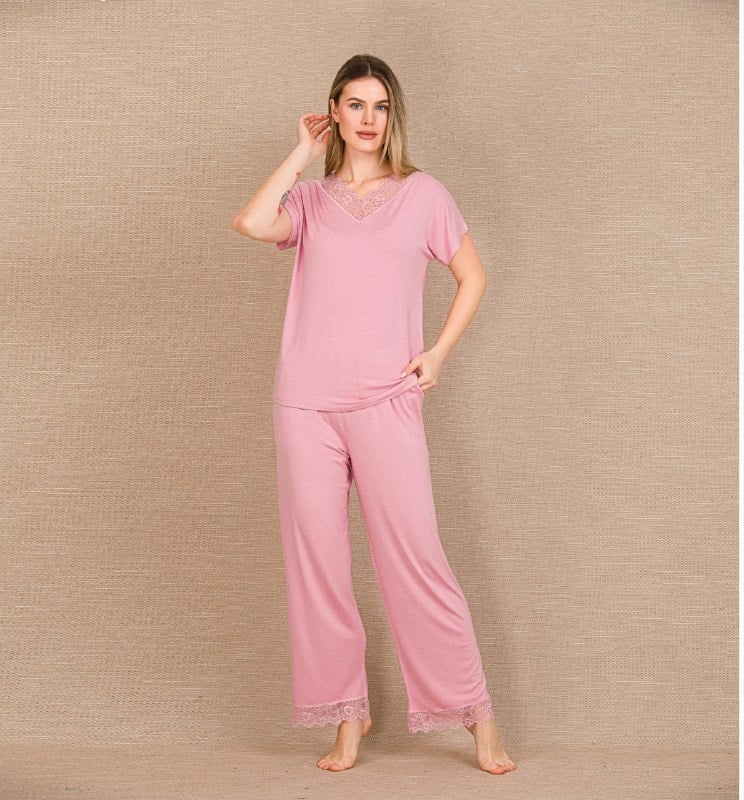 Arias Closet Viskon Şık Tasarım Dantel İşlemeli Pembe Kısa Kol Pijama Takımı
