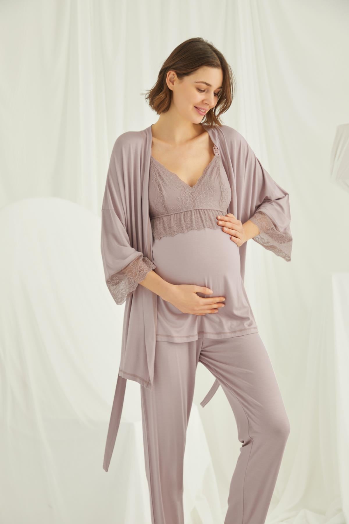 Dantelli Hamile Lohusa 3'lü Pijama Takımı