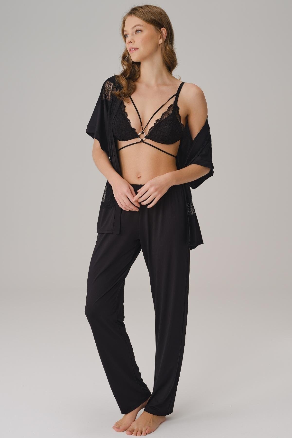 İp Askılı V Yaka Kadın Düz Yazlık Uzun Dantel Detaylı Pijama Takımı Sabahlık Anıl 5779