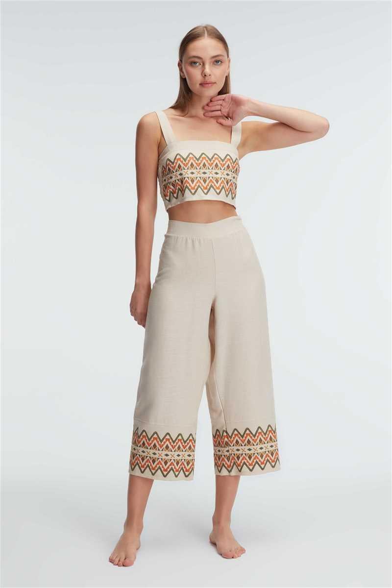 Kalın Askılı Oyuk U Yaka Kadın Geometrik Yazlık Uzun Nakış Detaylı Pijama Takımı Anıl 9822
