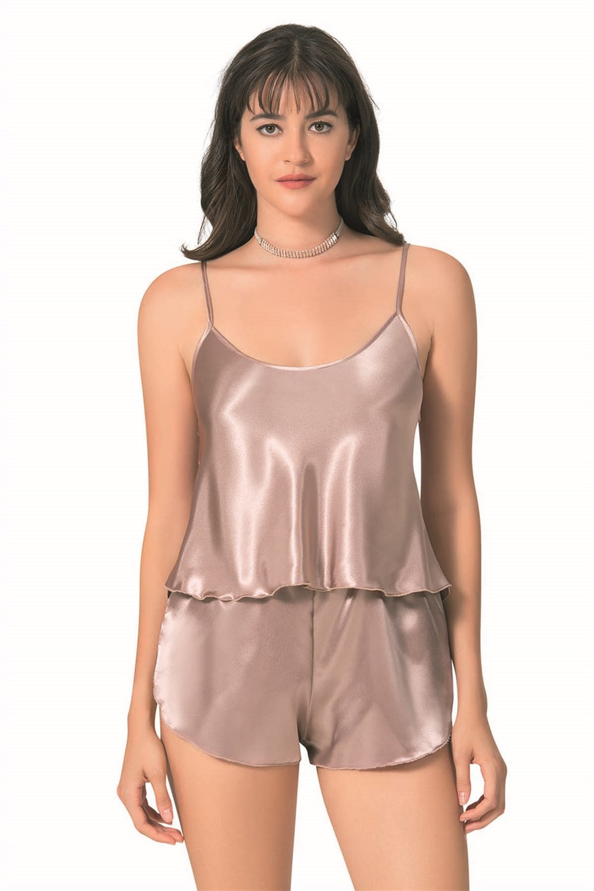 Primoda Vizon Saten Babydoll Şort Takımı